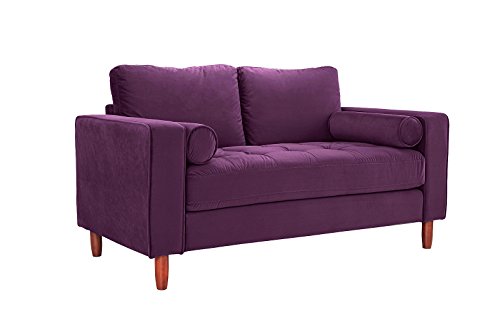 Divano Roma Furniture Couch for Living Room, Tufted Velvet Fabric Sofa with Back Cushions, Tufted Bottom and 2 Extra Cushions (Purple)