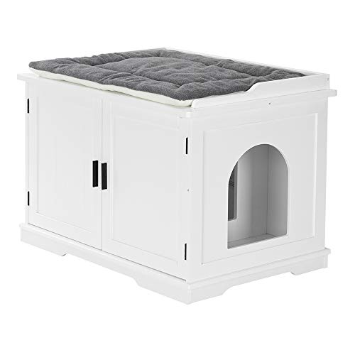 VINGLI Cat Litter Box Enclosure Furniture, Cat Litter Box Furniture Hidden with Pet Mat, Cat Box Enclosure, Wooden Cat Litter Cabinet, Cat Washroom, Large Storage Bench, White