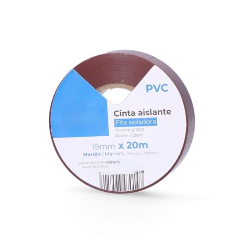 Cinta Aislante 20m x 19mm, color marrón, resistente y flexible, ideal para aislar, reparar cables y proyectos eléctricos.