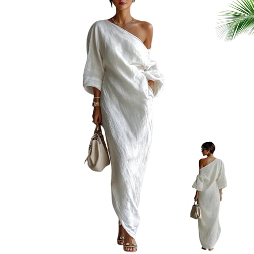 2026 Women's Ivory White Cotton-Linen Blend One-Shoulder Flowing Maxi Dress Elegant Lantern-Sleeve Draped Dress with Pockets (Ivory White,X-Large)