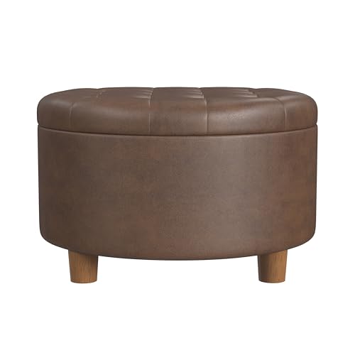 Image of HomePop 28 inch Button Round Storage Ottoman - Brown Faux Leather