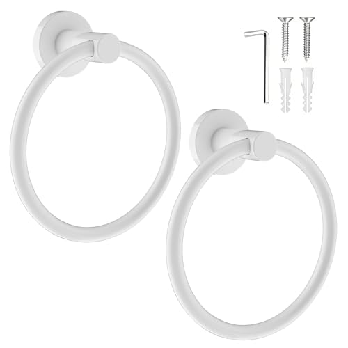 Image of SetSail Towel Holder for Bathroom Wall Screw-in White Towel Ring Stainless Steel Heavy Duty Hand Towel Hanger for Bathrooms, Kitchen, 2 Packs