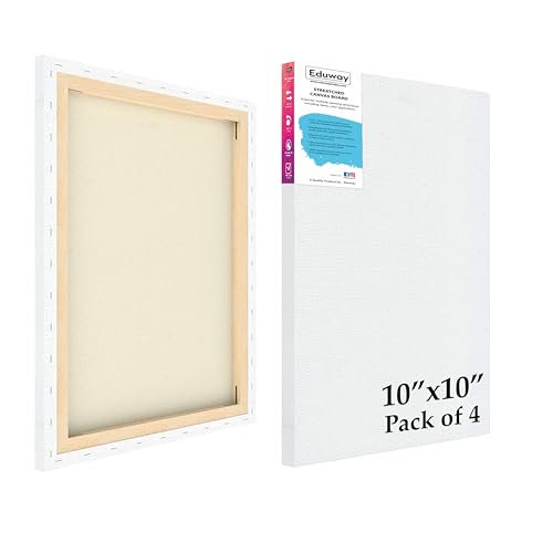 Image of Eduway 10x10 inches Pre Stretched Medium Grain 7Oz Primed Cotton Painting Canvas with Wooden Frame for Beginners & Artists | Suitable with Acrylic, Oil, Water Colours - (Set of 4)`