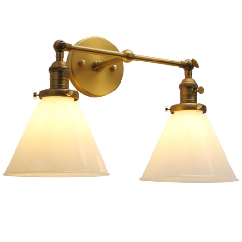 Image of Double Sconce Vintage Industrial Gold 2-Lights Wall Sconces with Funnel Flared Glass Milk Glass Shade Antique Scocne for Bathroom Living Room Home Office