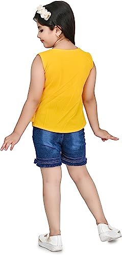 Image of Zenat Girls Polycotton Regular Fit Printed Round Neck Half Sleeve Casual Wear Top & Pant Set (Yellow 6-7 Years) SD20-Y-6 /7