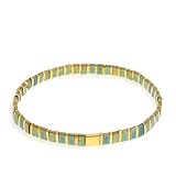 BXDA Tila Flat Beaded Bracelets for Women, Trendy Handmade Stackable Gold Emerald Square Beads Miyuk Link Stretch Bracelet Beach Summer Jewelry Gift