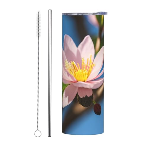 Juego de dos tazas de acero inoxidable con tapa, botella de agua aislada con estampado de flor de almendro rosa, fácil de transportar para cafetería, oficina, coche, deportes