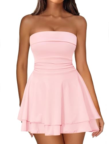 IWD Sexy Tube Top Mini Dress for Women Ruched Waist Short Strapless Cocktail Dresses Y2K A Line Party Valentines Day Dress Light Pink Medium