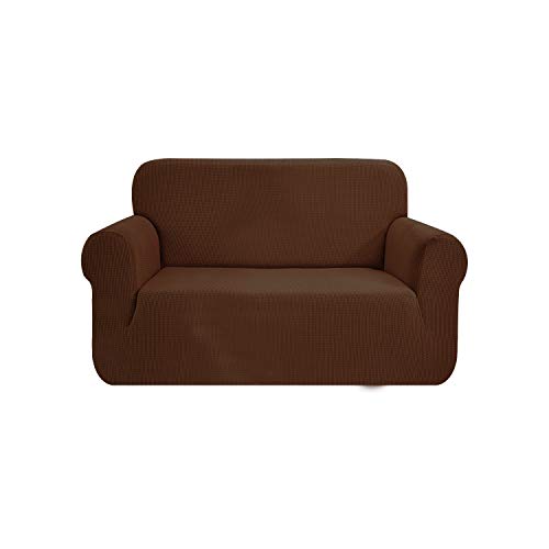 SAMSTEX Stylish Sofa Cover Stretch 1-Piece Sofa Slipcovers High Stretch Sofa Covers 2 Seater Thick Soft Loveseat Sofa Protector Machine Washable Non Slip Couch Covers (2 Seater, Brown)