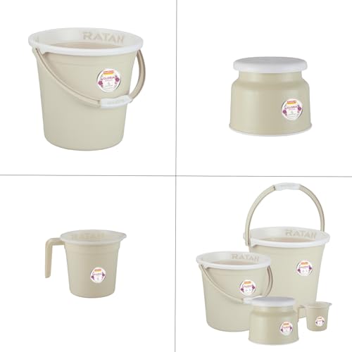 Image of RATAN PLASTICWARE Plastic Bathroom Set of 5 Pieces Combo Pack Gloria Plain 18 Liters & 20 Liters Bucket + Nova Stool Patla 107 + Two Gloria Plain Bath Mug 1 Liter Color Twist Beige