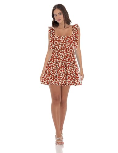 Image of Women's Summer Square Neck Tie Back Ruffle Sleeve Tiered Casual A-Line Short Mini Dress