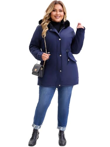 Agnes Orinda Plus Size Parka Jacket for Women Faux Fur Hood Drawstring Waist Fleece Lined Zipper Winter Coat with Pockets3