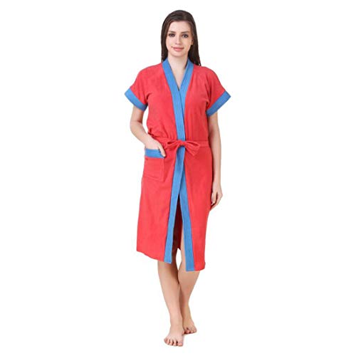 Image of bathrobes terry cotton free size bathrobe for women, bathsuit fit up to 42 inches chest size ladies - Blue Belt Red bathrobe