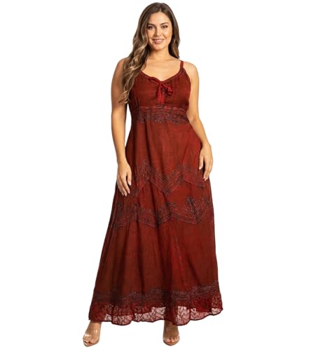 Image of Sakkas Stonewashed Rayon Embroidered Adjustable Spaghetti Straps Long Dress