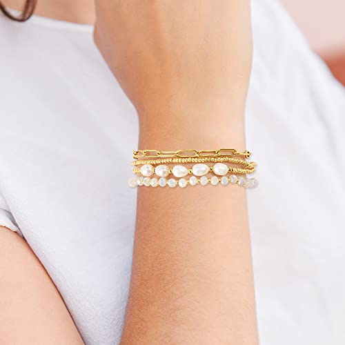 Dainty Gold Pearl Crystal Beaded Bracelets Set for Women 14K Real Gold Plated Bead Pearl Crystal Beads Bracelet Stackable Paperclip Link Chain Bracelets Gold Bracelets for Women Trendy Jewelry4
