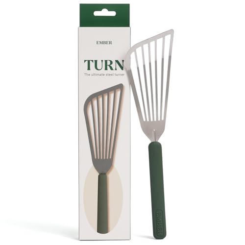 Image of Ember Cookware Stainless Steel Turner 31 cm | Oil Draining Design | Thin Slotted Steel Spatula for Precision Flipping | Flexible Head | Heat Resistant Silicone Handle | Green