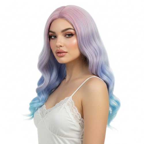 STfantasy Long Rainbow Wavy Womens Wig Pastel Ocean Wave Long Curly Waving Heat Resistant Hair Wigs for Womens Lady Girls Cosplay Halloween Party Anime Daily (Ombre Blue Pink)