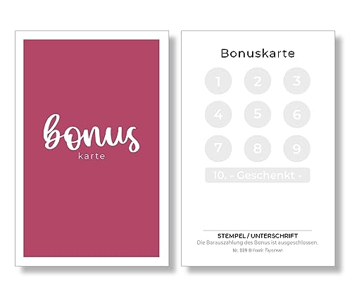 Frank Paperman Lot de 125 cartes bonus, pour clients, magenta, format carte de visite, 10 cartes de fidélité bonus, à tamponner, cartes de loyalty rose