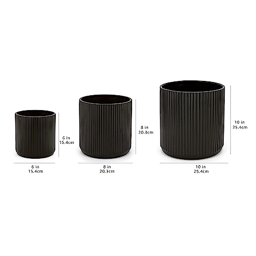 Miniatura 6 de Amazon Basics Redondo Macetas De Cerámica, Varios Tamaños, Estriada, Paquete De 3, 15.2, 20.3, Y 25.4 Cm, Negro
