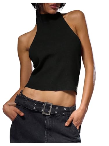 MakeMeChic Women's Sleeveless Mock Neck Sweater Tops Open Back Knit Crop Halter Top Black Medium