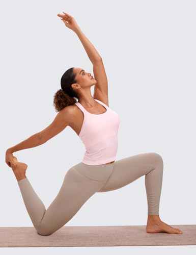 Image of CRZ YOGA Seamless Rib Racerback Tank Tops | Light Support, Built in Bra, Removable Pads, Yoga, Ribbed, High Neck, for Women