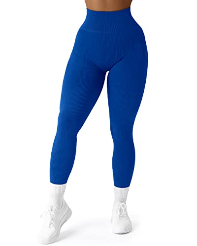 SUUKSESS Women Ribbed Seamless Leggings High Waisted Tummy Control Workout Yoga Pants (Royal Blue, S)