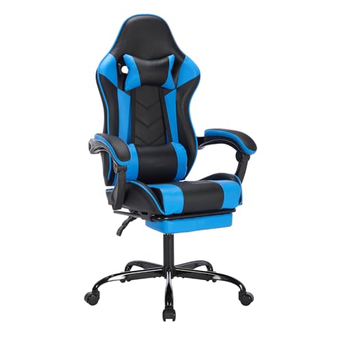 Image of Gaming Chair with Footrest for Home Office - High Back Computer Chair with Headrest and Lumber Support, Ergonomic Height Adjustable Leather Game Chairs (Black+Blue)