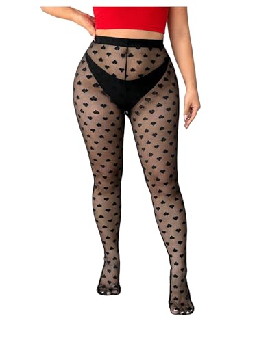 SOLY HUX Women's Plus Size Heart Print Tights Mesh Sheer High Waisted Going Out Pantyhose2