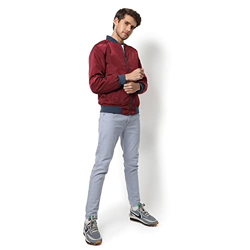 Image of Campus Sutra Men's Maroon Solid Puffer Regular Fit Bomber Jacket For Winter Wear | Low-Cut Standing Collar | Full Sleeve | Zipper | Casual Jacket For Man | Western Stylish Jacket For Men
