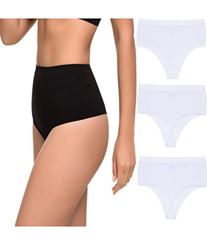Channo Pack de 3 Tanga Faja Reducción Ligera de Abdomen Mujer Sin Costuras Licra. Braga Tanga Moldeador. (Blanco, L/XL)