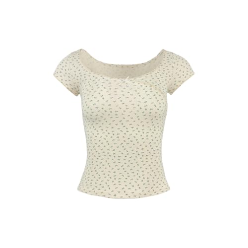 Women's Summer U-Neck Short Sleeved T-Shirt, Casual top for Teenage Girls Apricot