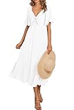 PRETTYGARDEN Summer Dress for Women 2025 Casual Short Sleeve Bow Tie V Neck Ruffle Midi Flowy Dresses (White,Large)