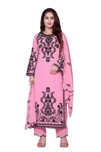 Image of Women's Georgette Embroidered Kurti | Round Neck | Full Sleeves | with Pant and Dupatta Set-pink-NR-111