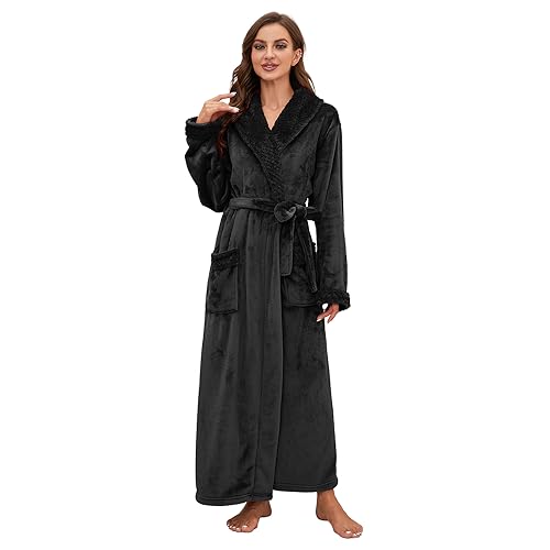 HEARTNICE Langer Bademantel Damen Fleece, Weiche Plüsch Morgenmantel für Frauen Warme Bademäntel Kuscheliger Hausmantel in voller Länge (Schwarz, L/XL)