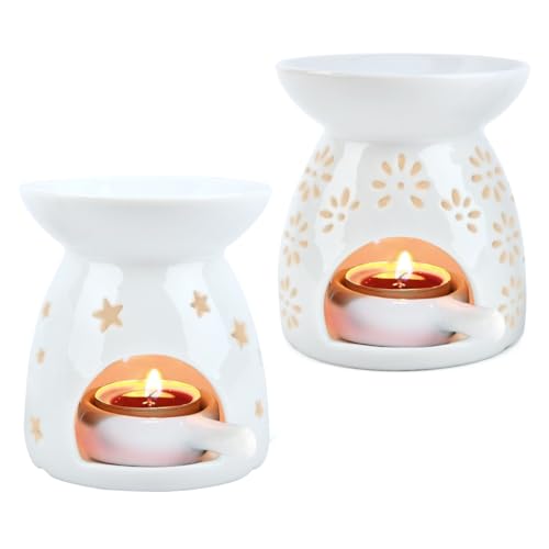 TIMESETL 2PCS Ceramic Tea Light Candle Holder Essential Oil Burner, Tea Light Wax Melt Warmer, Ceramic Aromatherapy Burner Aroma Candle Holder for Home Decor Christmas Housewarming Gift