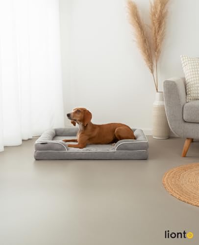 lionto orthopädisches Hundebett + erhöhter Rand, 97x71x17 cm, Hundekissen robust mit weichem Flanell, Bezug abnehmbar & waschbar, rutschfest, für kleine & große Hunde + Katzen, grau