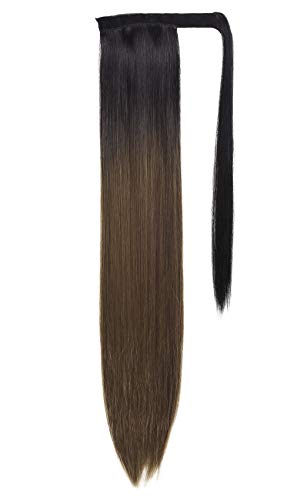 SEIKEA Wrap Around Ponytail Straight Hair Extension Clip in 28 Inch Synthetic Hairpiece - Black & Light Ash Brown