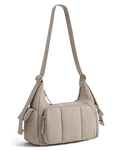 bagsmart Handtasche Damen Schultertasche Umhängetasche Puffer Crossbody Bag Mittelgroß Arbeitstasche mit Vielen Fächern Leichte Puffy Messenger Bag für Reise Schule Uni Arbeit Kamel