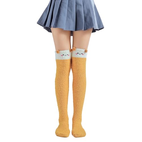 Image of Thigh High Fuzzy Socks Cute Animal Coral Fleece Over the Knee Thigh High Long Stockings Warm Stripe