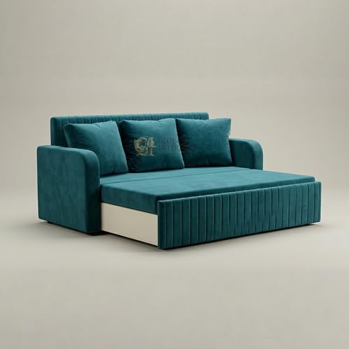 Image of Metal Frame Sofa Cum Bed with Full Cushion | Premium Velvet Fabric 3 Seater Pull-Out Sofa Bed | Space Saving Convertible Couch for Living Room | Modern Teal Color Sofa Bed 6X5 | Comfortable sleeping