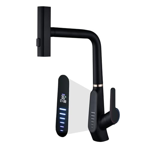 Robinet de Cuisine Extractible, Affichage Numérique LED, Cascade, 3 Modes de Débit d'eau, Pivotant à 360° Mitigeur Cuisine Robinet, Mitigeur Cuisine à Poignée Unique, 59A Cuivre (Noir)