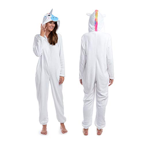 Body Candy Womens Fancy Animal Hooded Plush Onesie Critters, UNICORN OVER THE RAINBOW, White - Large