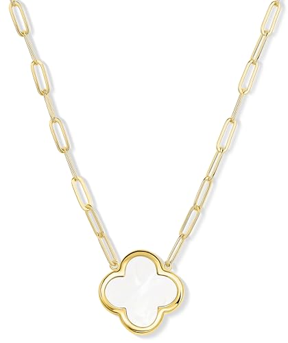 Paperclip Clover Necklace for Women | 18K Gold Plated Mother of Pearl Four Leaf Jewelry