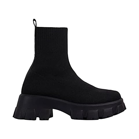 Black Platform Sock Boots Sock Trainers for women, Chunky Boots Ladies Wide Fit Slip on Mid Length knitted Wool Round Toe Comfortable Shoes Elasticated Ankle Vamp g129 [Entireface] (Black, 6) Cover