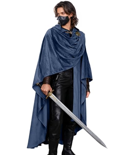LVOW Medieval Hooded Cloak with Detachable Brooch - Renaissance Cape Halloween Fantasy Cosplay Wizard Costume Navy Blue