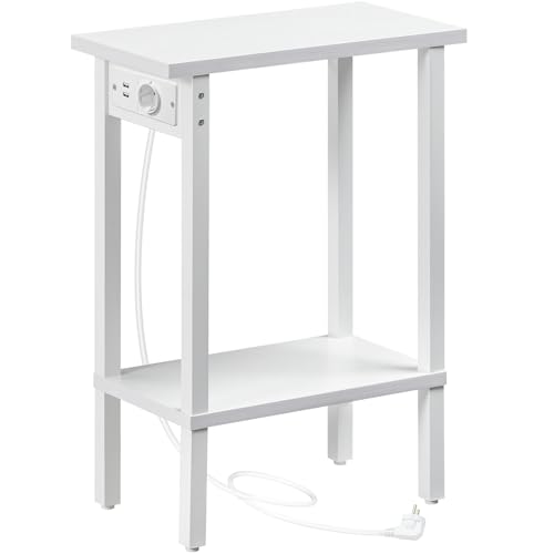 HOOBRO Mesa Auxiliar Estrecha, Mesita de Sofá de 2 Niveles con Estación de Carga, Mesita de Noche con Estante, para Espacio Pequeño, Salón, Dormitorio, Estudio, Blanco EWT240CBZ01