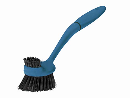 Greener Cleaner Long-Arm Dish Washing Scrub Brush Stubborn Caked-On Food Stains from Pots/Plates/Pans/Glass/Ceramic/Plastic, Hanging Easy-Grip Handle Eco-Flek (Recycled Plastic and Sustainable Wood Pulp) Dishwasher Safe for Bacteria Removal kitchen tool (Blue)