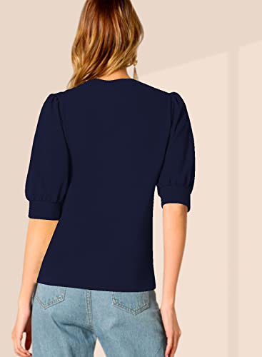 Image of Dream Beauty Fashion Women's Puff Sleeve Round High Neck Top Balloon Bishop Sleeve Elegant Casual Tee (23 inch Inches)- (Top Sofia P)