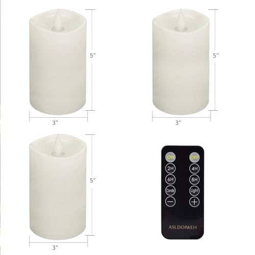 Image of 3 inch x 5 inch White Flameless Candles Set of 3, 2AA Battery Life 600 Hours Battery Candles Flickering with Timer, 5 inch Flameless Candles with Remote for Indoor /Outdoor