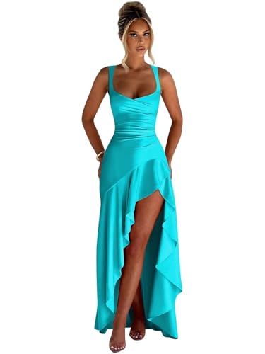 Silk Satin Bridesmaid Dresses with Slit Mermaid Ruffles Backless Formal Prom Dresses for Women